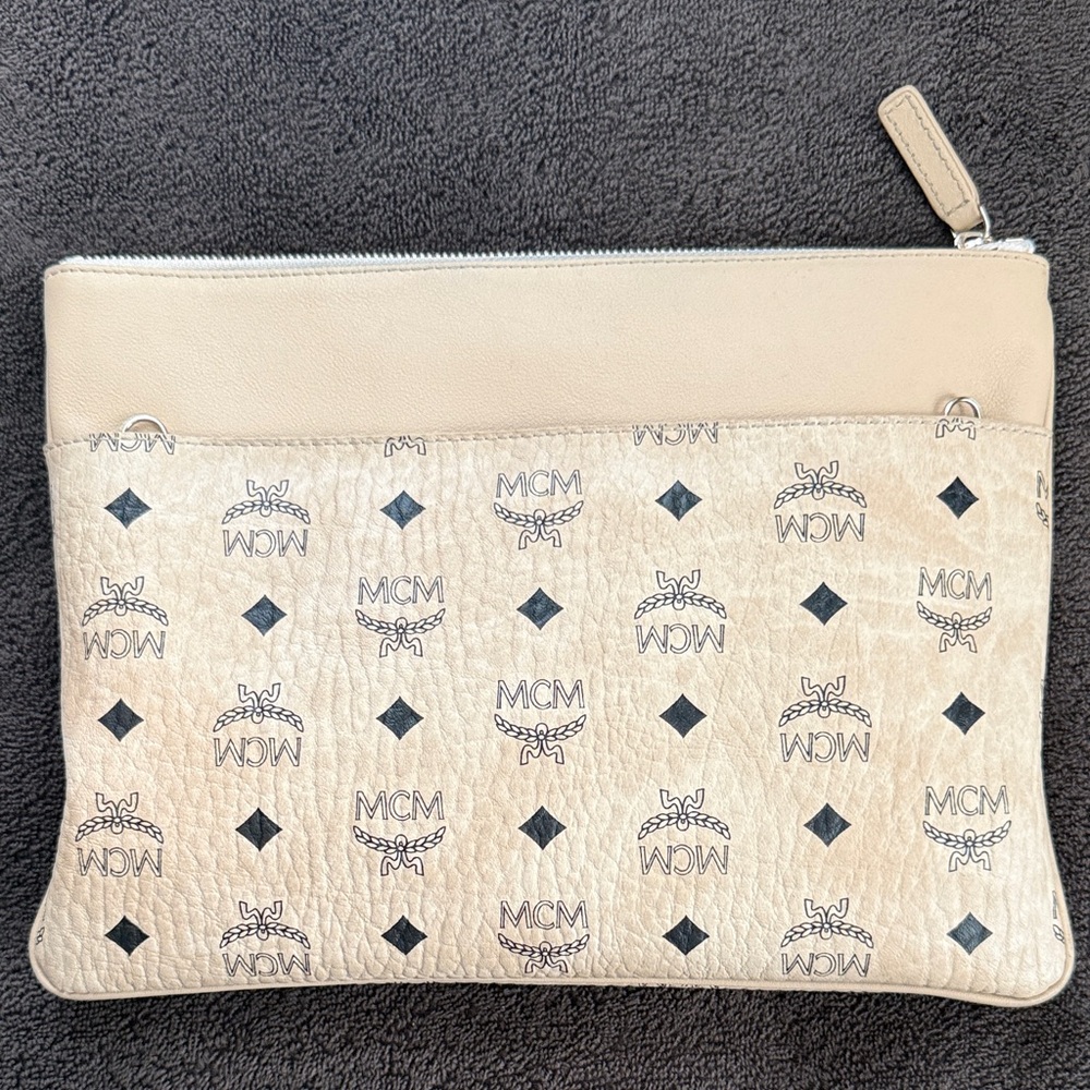MCM Beige and Black Logo Clutch